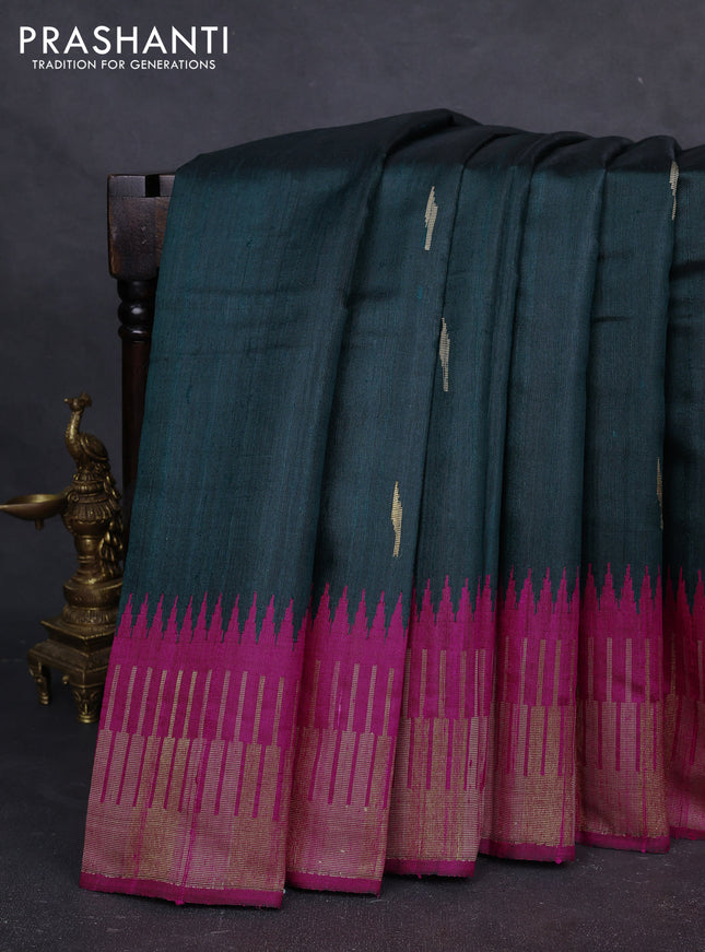 Pure dupion silk saree peacock green and pink with thread & zari woven buttas and temple design thread & zari woven border