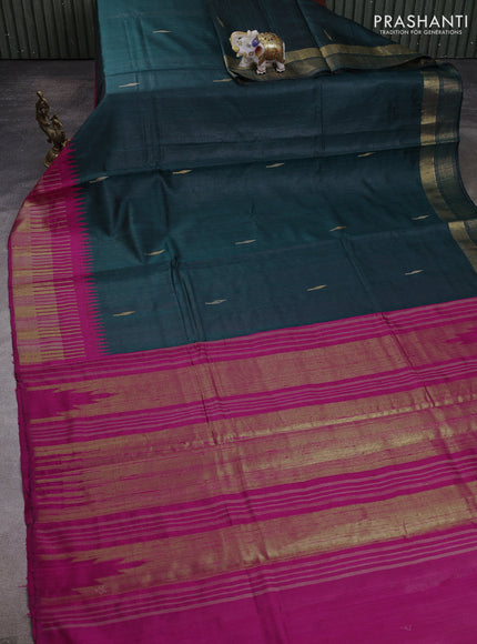 Pure dupion silk saree peacock green and pink with thread & zari woven buttas and temple design thread & zari woven border