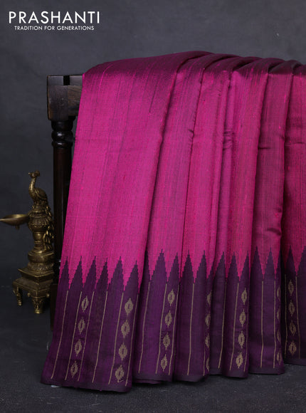 Pure dupion silk saree magenta pink and deep violet with plain body and temple design zari woven border