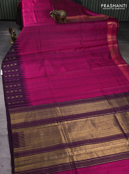 Pure dupion silk saree magenta pink and deep violet with plain body and temple design zari woven border