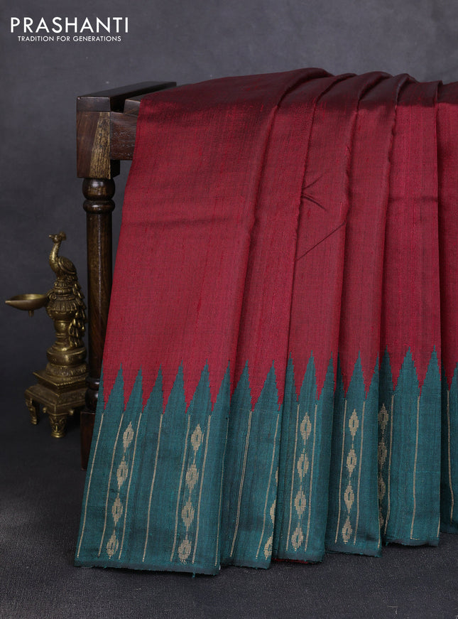 Pure dupion silk saree maroon and peacock green with plain body and temple design zari woven border