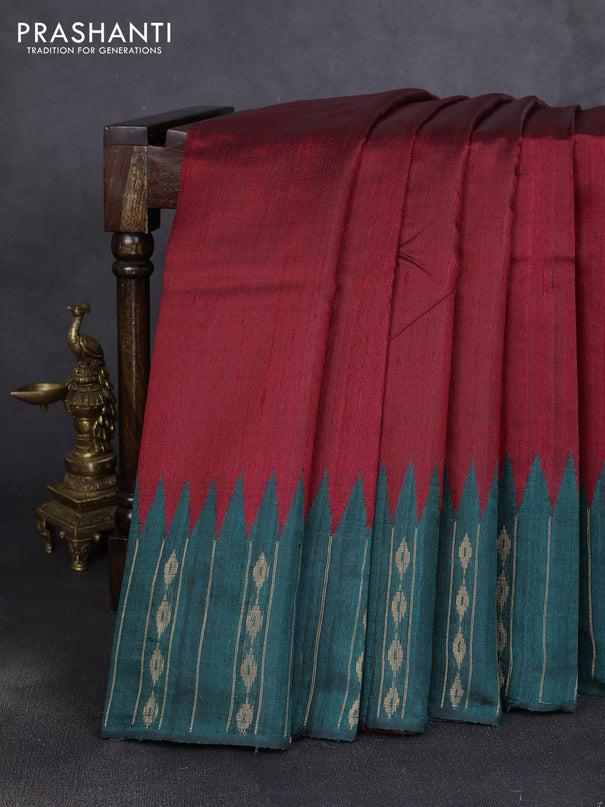 Pure dupion silk saree maroon and peacock green with plain body and temple design zari woven border