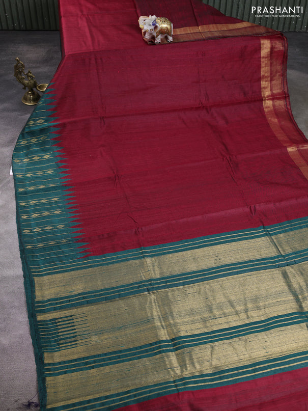 Pure dupion silk saree maroon and peacock green with plain body and temple design zari woven border