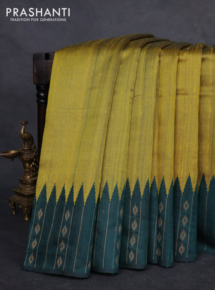 Pure dupion silk saree lime yellow and peacock green with plain body and temple design zari woven border