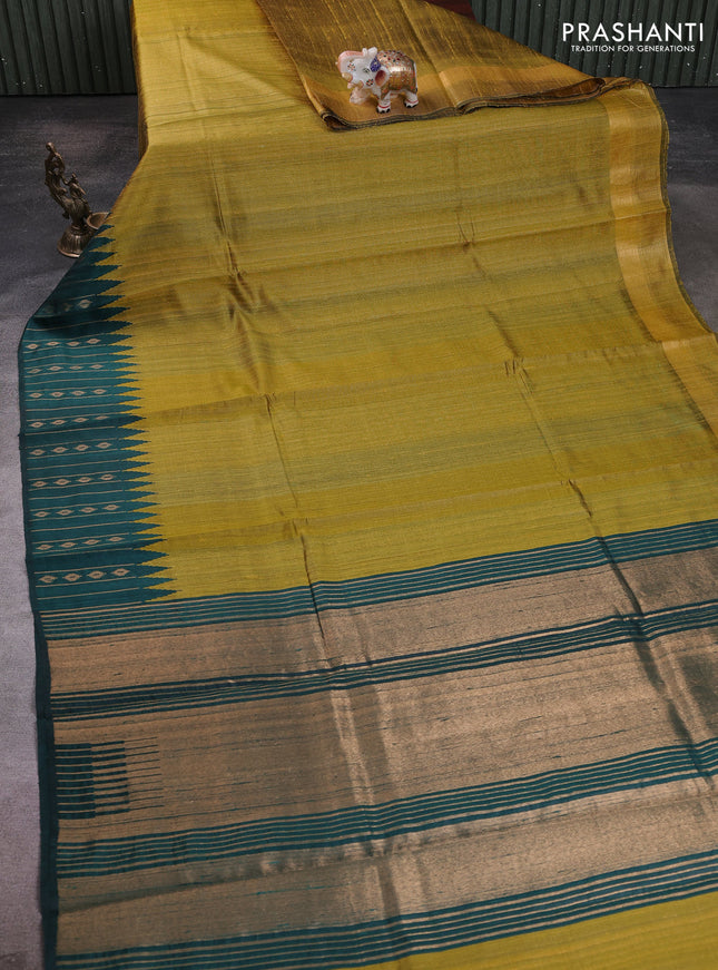 Pure dupion silk saree lime yellow and peacock green with plain body and temple design zari woven border
