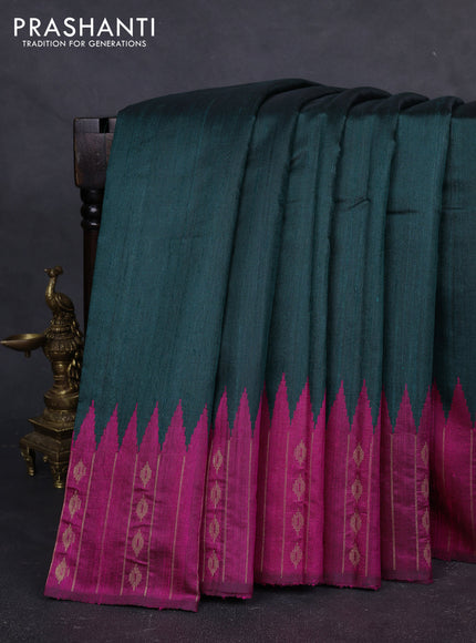 Pure dupion silk saree peacock green and magenta pink with plain body and temple design zari woven border
