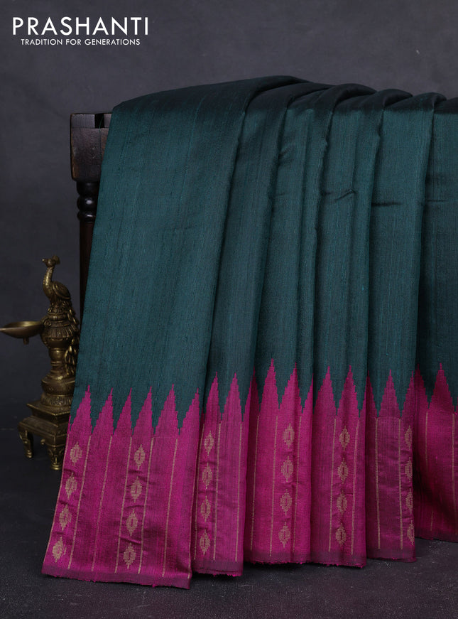 Pure dupion silk saree peacock green and magenta pink with plain body and temple design zari woven border