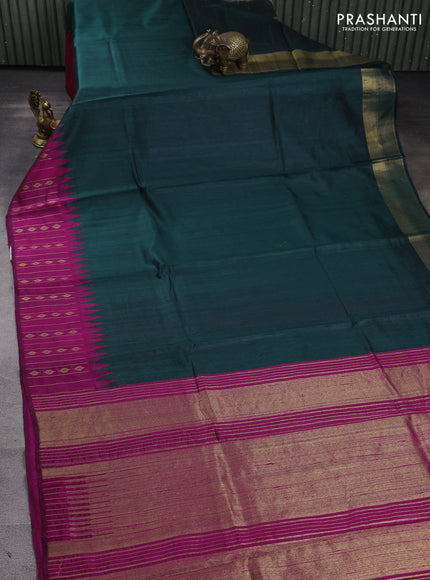 Pure dupion silk saree peacock green and magenta pink with plain body and temple design zari woven border