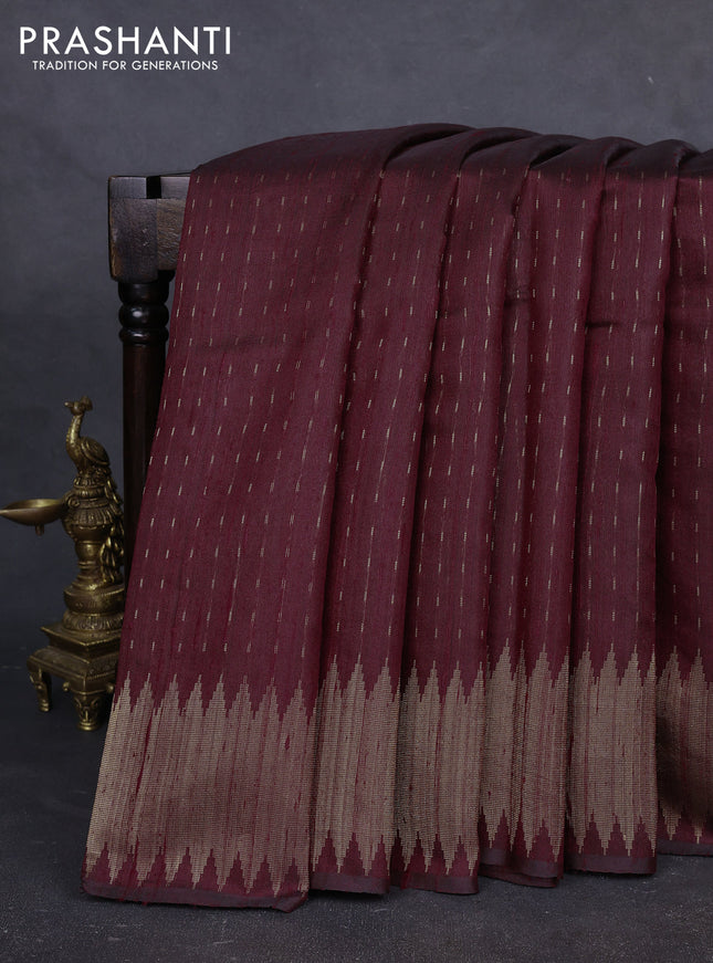 Pure dupion silk saree deep maroon with allover zari woven buttas and temple design zari woven border