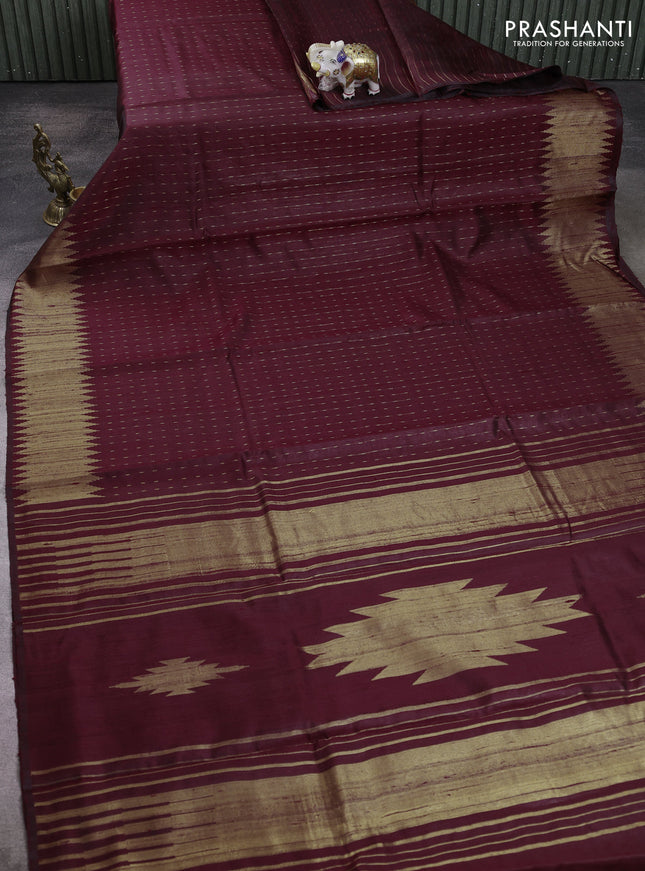 Pure dupion silk saree deep maroon with allover zari woven buttas and temple design zari woven border