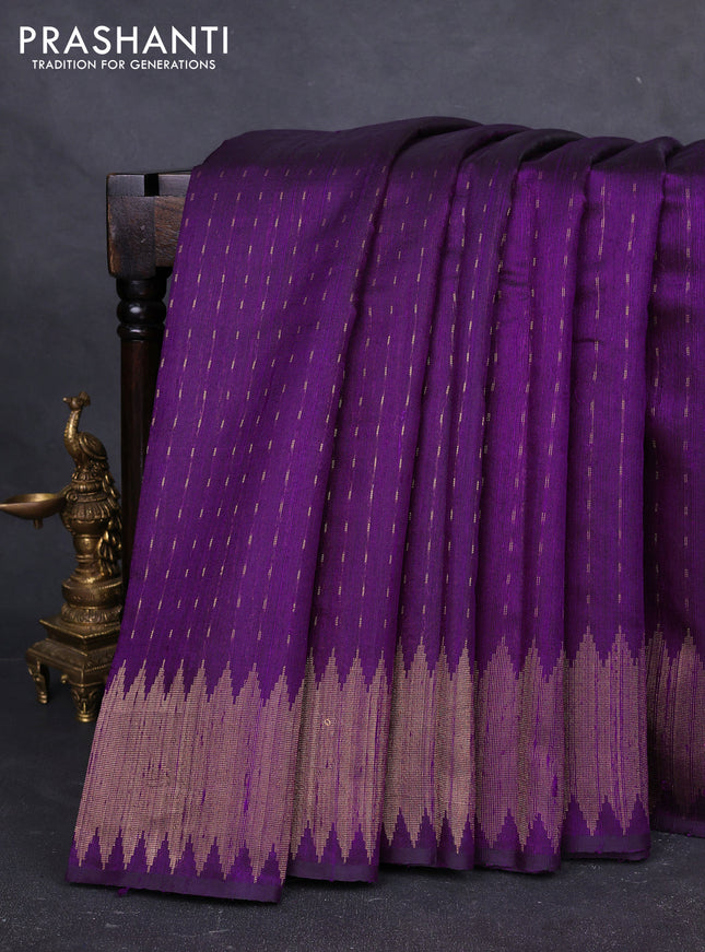 Pure dupion silk saree deep purple with allover zari woven buttas and temple design zari woven border