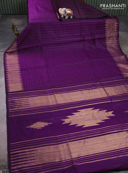 Pure dupion silk saree deep purple with allover zari woven buttas and temple design zari woven border
