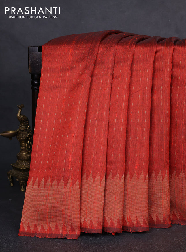 Pure dupion silk saree orange with allover zari woven buttas and temple design zari woven border