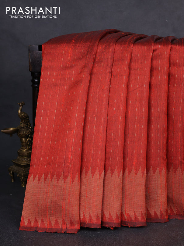 Pure dupion silk saree orange with allover zari woven buttas and temple design zari woven border