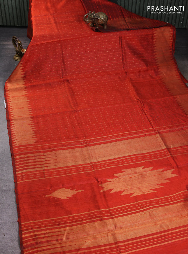 Pure dupion silk saree orange with allover zari woven buttas and temple design zari woven border