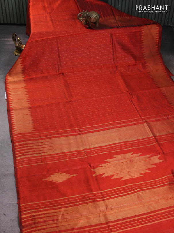 Pure dupion silk saree orange with allover zari woven buttas and temple design zari woven border