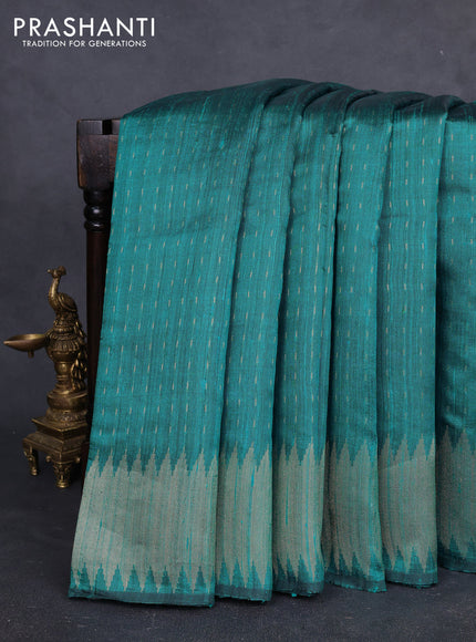 Pure dupion silk saree peacock green with allover zari woven buttas and temple design zari woven border