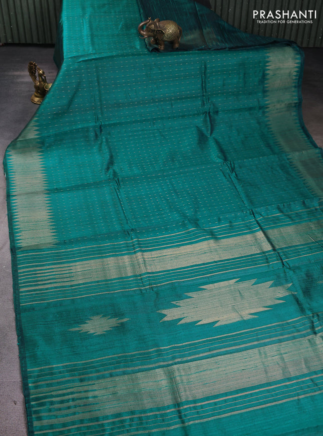 Pure dupion silk saree peacock green with allover zari woven buttas and temple design zari woven border