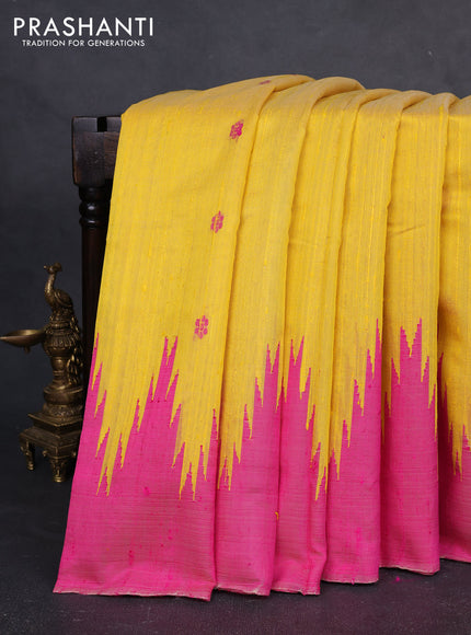 Pure dupion silk saree yellow and pink with thread woven buttas and temple design simple border