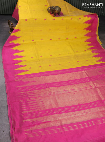 Pure dupion silk saree yellow and pink with thread woven buttas and temple design simple border
