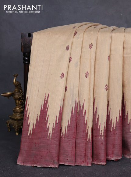 Pure dupion silk saree beige and maroon with thread woven buttas and temple design simple border