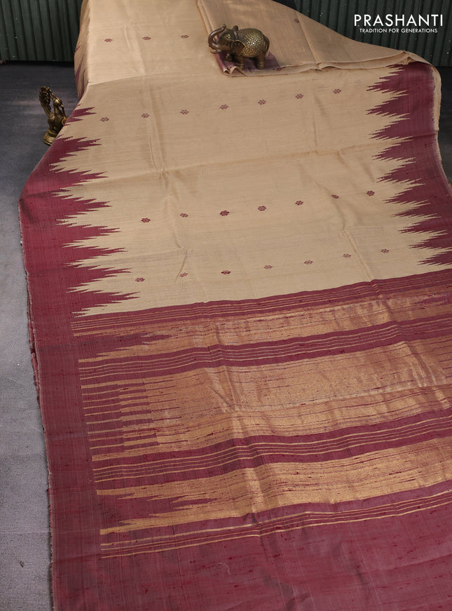 Pure dupion silk saree beige and maroon with thread woven buttas and temple design simple border