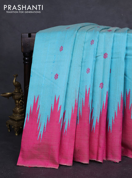 Pure dupion silk saree teal blue and pink with thread woven buttas and temple design simple border
