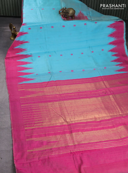 Pure dupion silk saree teal blue and pink with thread woven buttas and temple design simple border