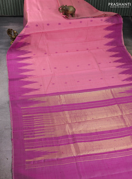 Pure dupion silk saree pastel pink and magenta pink with thread woven buttas and temple design simple border