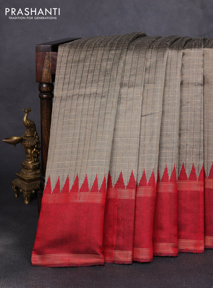 Pure dupion silk saree beige and red with allover zari checked pattern and rettapet zari woven border
