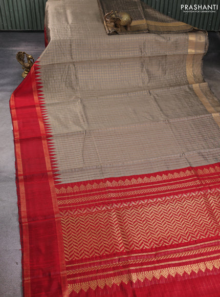 Pure dupion silk saree beige and red with allover zari checked pattern and rettapet zari woven border