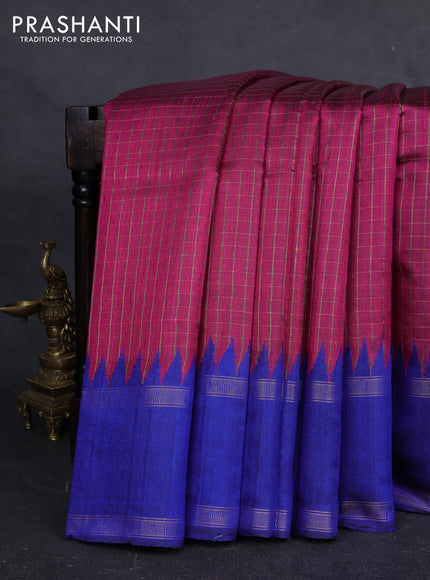 Pure dupion silk saree pink and blue with allover zari checked pattern and rettapet zari woven border