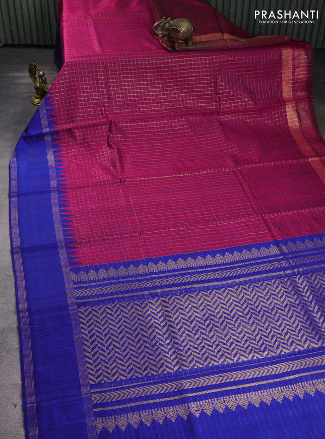 Pure dupion silk saree pink and blue with allover zari checked pattern and rettapet zari woven border
