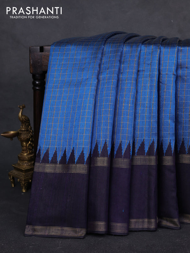 Pure dupion silk saree cs blue and navy bluie with allover zari checked pattern and rettapet zari woven border