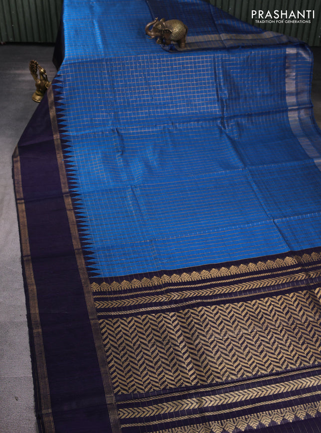 Pure dupion silk saree cs blue and navy bluie with allover zari checked pattern and rettapet zari woven border