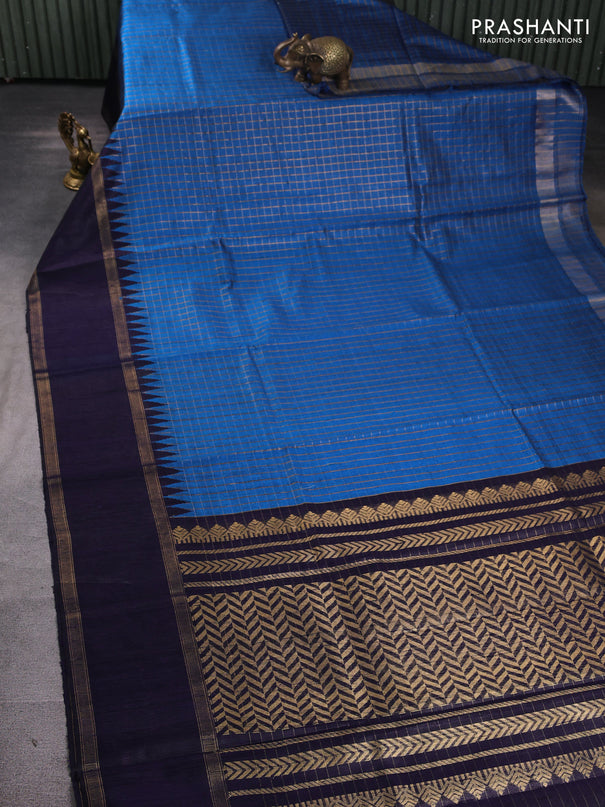 Pure dupion silk saree cs blue and navy bluie with allover zari checked pattern and rettapet zari woven border