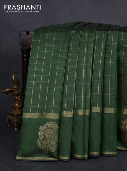 Pure dupion silk saree sap green with allover zari checked pattern and rettapet zari woven butta border