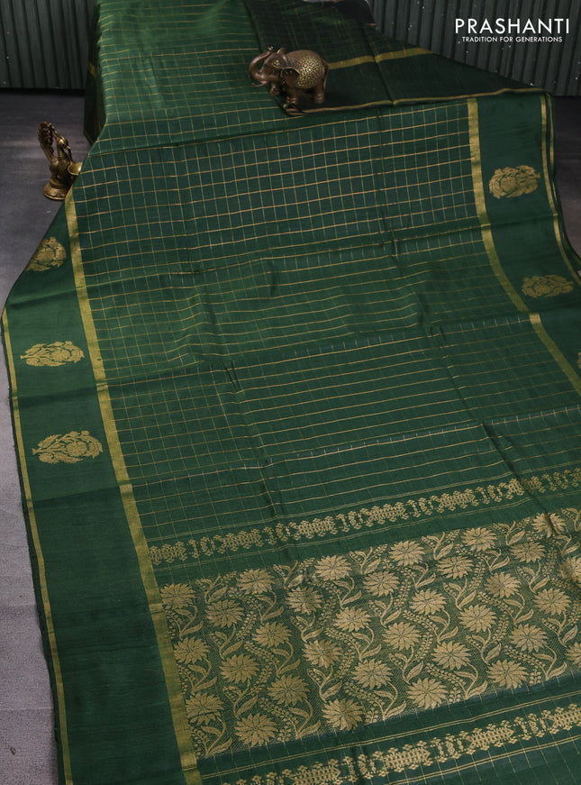 Pure dupion silk saree sap green with allover zari checked pattern and rettapet zari woven butta border