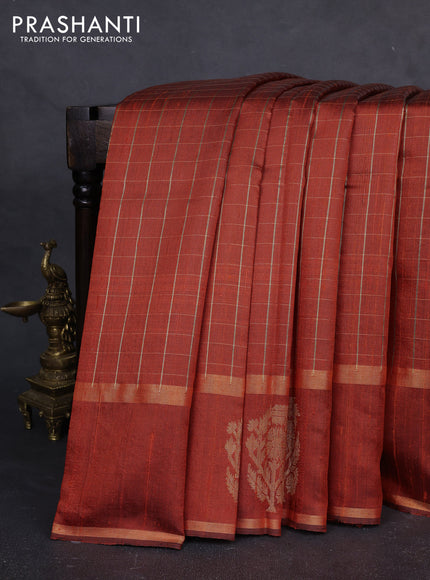 Pure dupion silk saree orange with allover zari checked pattern and rettapet zari woven butta border