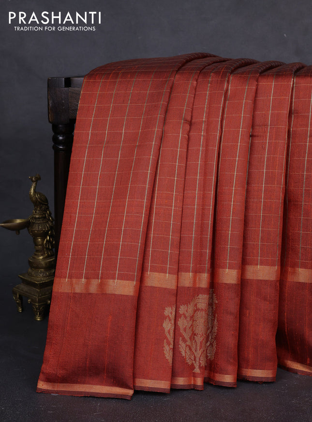 Pure dupion silk saree orange with allover zari checked pattern and rettapet zari woven butta border