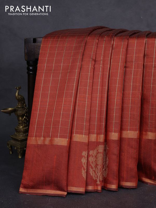 Pure dupion silk saree orange with allover zari checked pattern and rettapet zari woven butta border