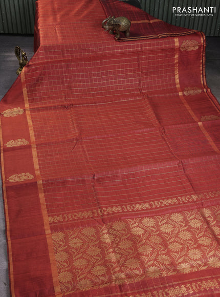 Pure dupion silk saree orange with allover zari checked pattern and rettapet zari woven butta border
