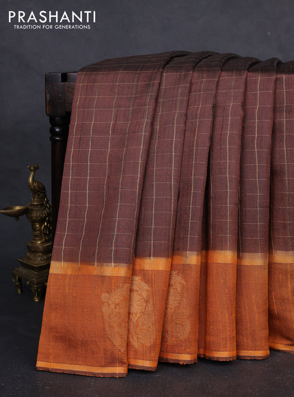 Pure dupion silk saree brown and mustard yellow with allover zari checked pattern and rettapet zari woven butta border