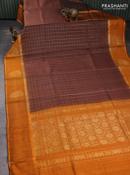 Pure dupion silk saree brown and mustard yellow with allover zari checked pattern and rettapet zari woven butta border