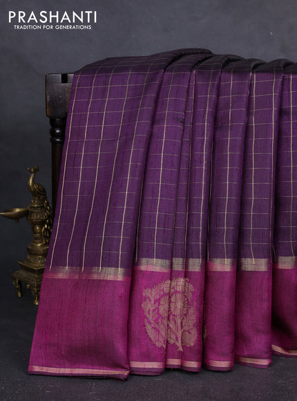 Pure dupion silk saree dep purple and magenta pink with allover zari checked pattern and rettapet zari woven butta border