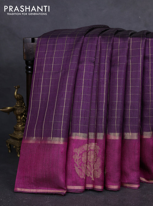 Pure dupion silk saree dep purple and magenta pink with allover zari checked pattern and rettapet zari woven butta border
