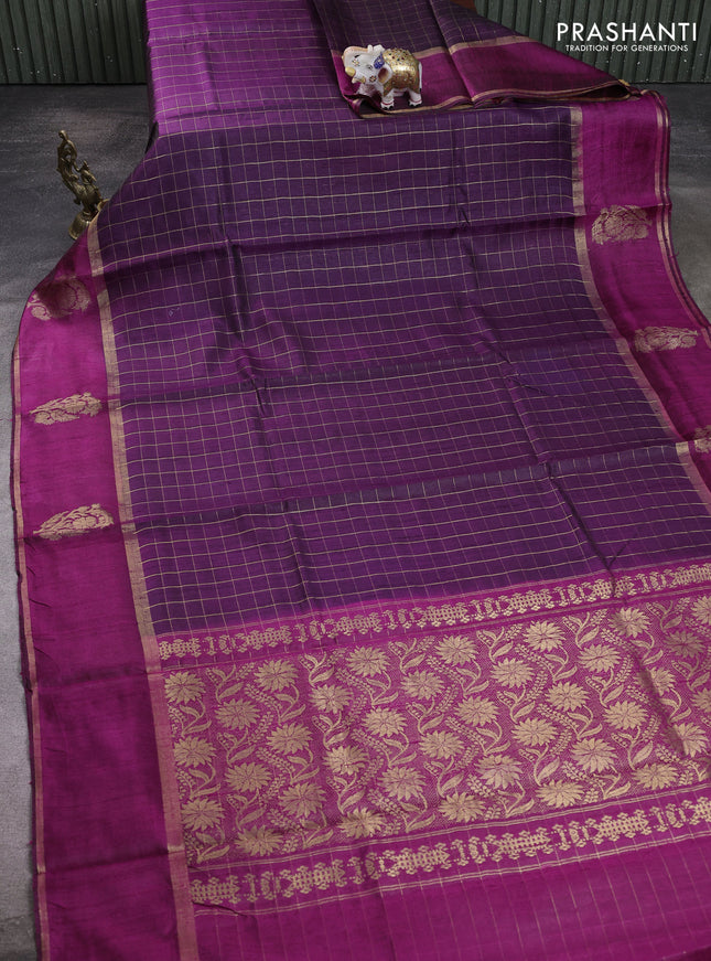 Pure dupion silk saree dep purple and magenta pink with allover zari checked pattern and rettapet zari woven butta border