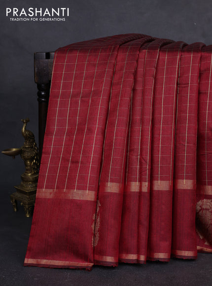 Pure dupion silk saree red with allover zari checked pattern and rettapet zari woven butta border