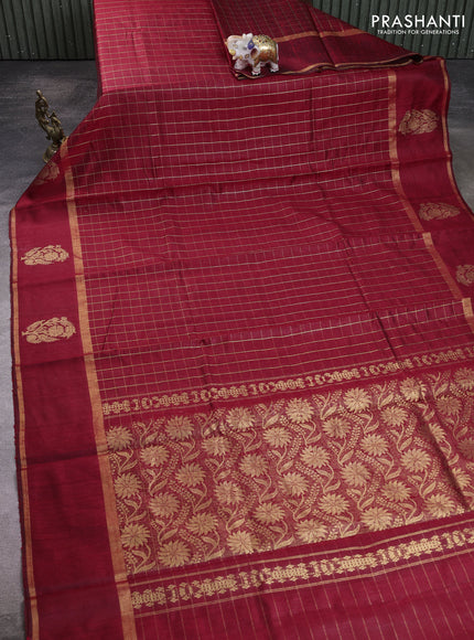 Pure dupion silk saree red with allover zari checked pattern and rettapet zari woven butta border
