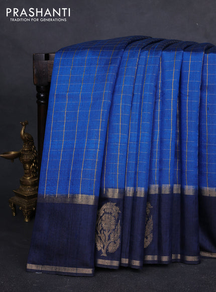 Pure dupion silk saree cs blue and navy blue with allover zari checked pattern and rettapet zari woven butta border
